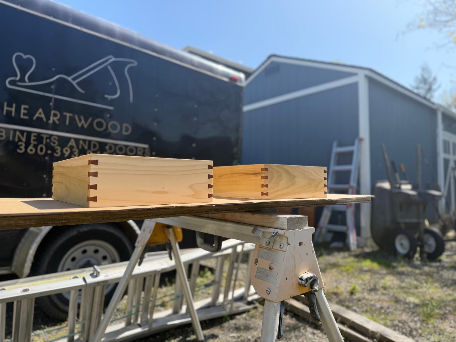 Finished dovetail drawer box outside the Heartwood Cabinets shop