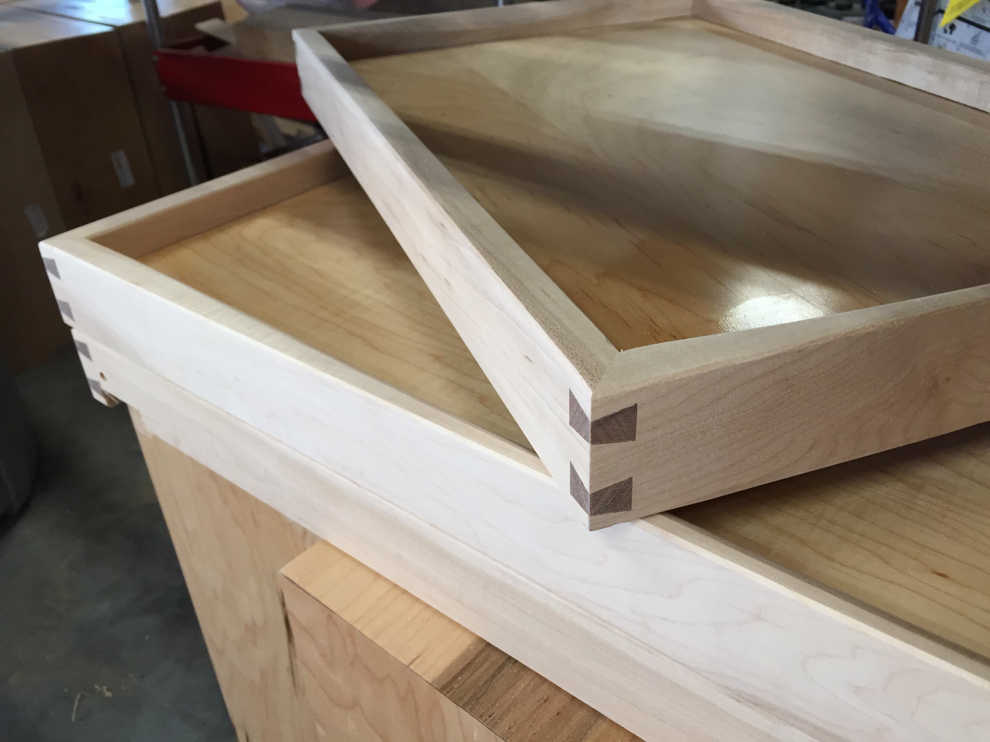 Hand-cut dovetail drawer detail by Heartwood Cabinets